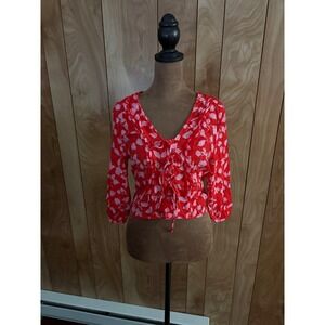 MNG Mango Red Pink Floral Lace Up Ruffle‎ V-Neck Blouse Top Womens Size 2